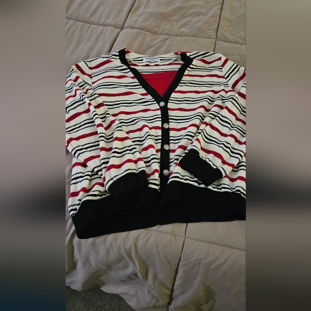 Alfred Dunner Black, Red, and White Striped Sweater